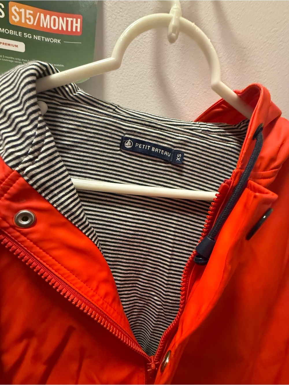 Petit Bateau Bright Orange Hooded Raincoat with Striped Lining